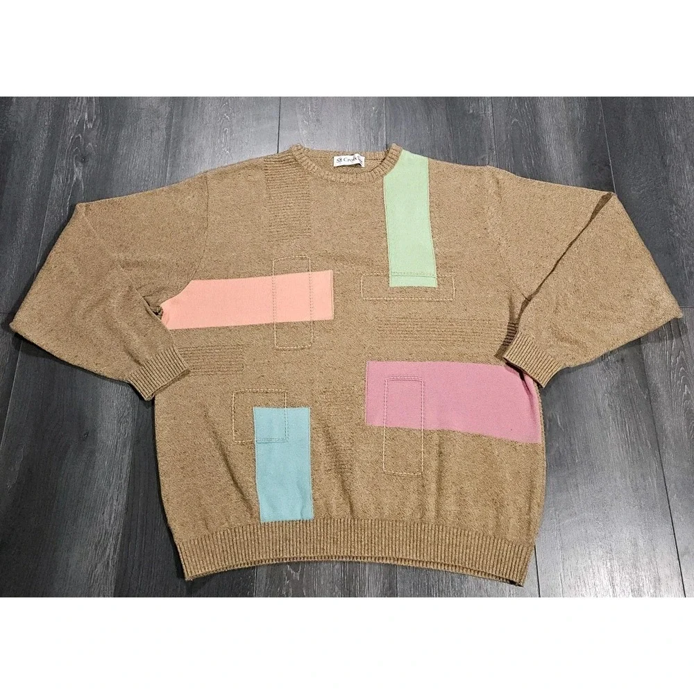 VTG St Croix Shop Knit Sweater Men‎ XL Tan Geometric Tennis Golf Preppy US Made
